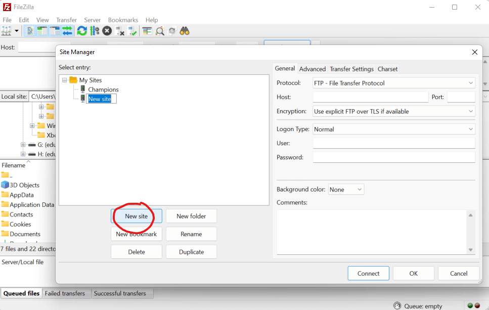 FileZilla New Site