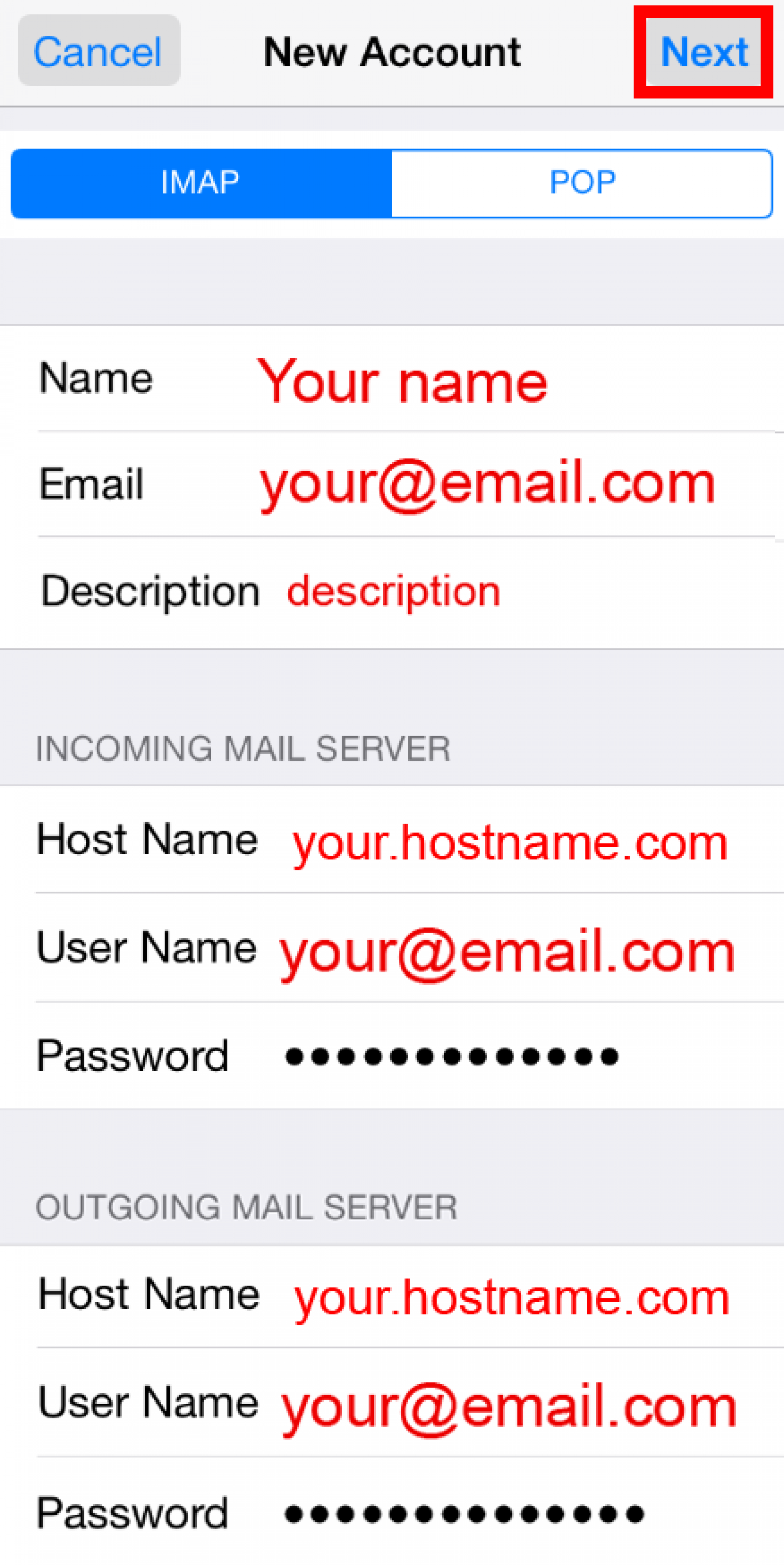 what is host name when adding email to iphone
